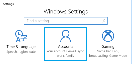 Windowsの設定画面の「アカウント」タブ