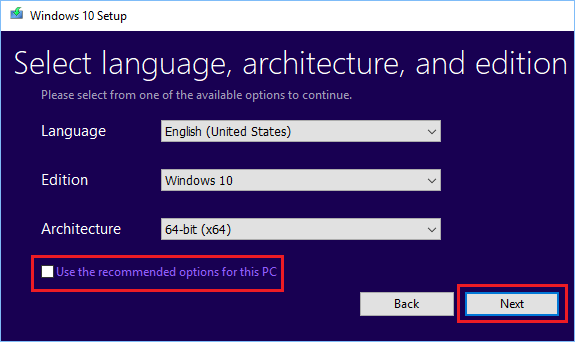 言語、エディション、アーキテクチャの選択 For Windows Media File 