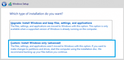 Windows 10のカスタムインストールオプションを選択する
