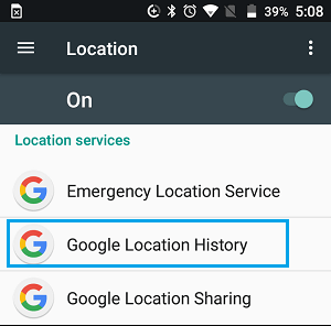 Androidの設定画面にあるGoogle位置情報履歴タブ