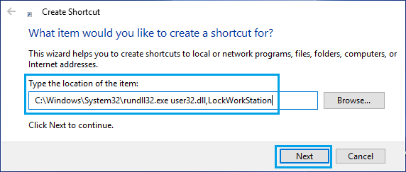 Windows 10で画面のロックにショートカットを作成する