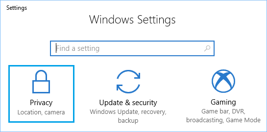 Windowsの設定画面の「プライバシー」タブ