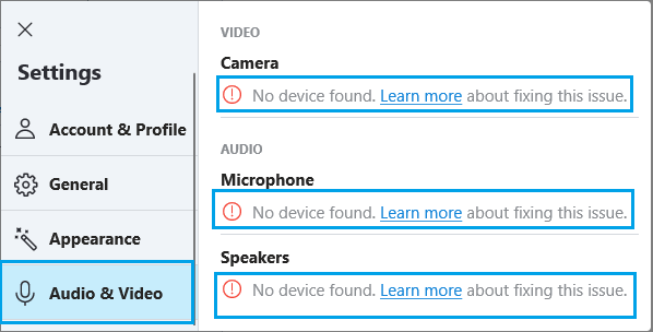 Skypeの音声・動画画面でのエラーメッセージについて