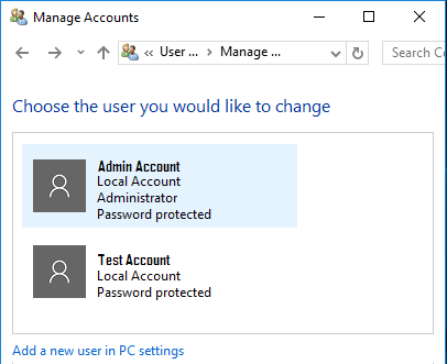 Windows 10のコントロールパネルで変更するユーザーアカウントを選択する