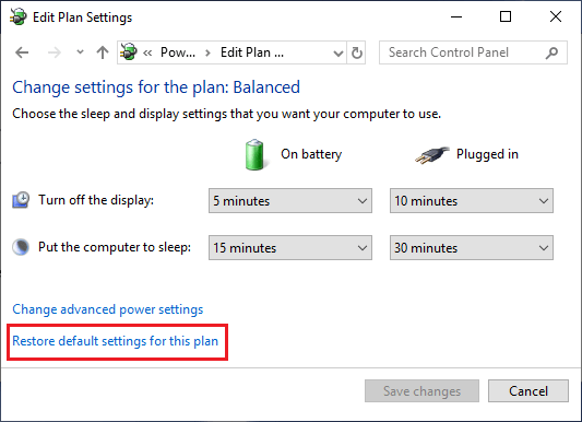 Windows 10のデフォルトの電源設定の復元オプション