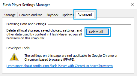 Windows 10のFlash Playerのデータと設定オプションの削除について