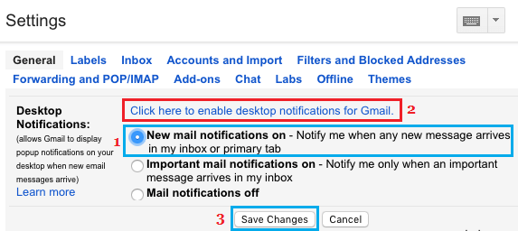 Gmailの新着メール通知オプションを有効にする