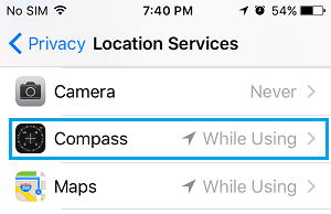 iPhoneの位置情報サービス画面でのコンパスオプションについて