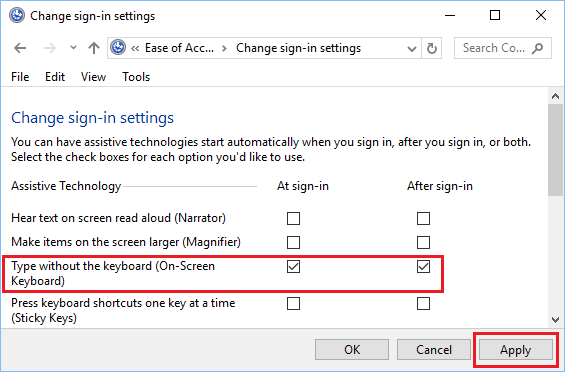 Windows 10のログイン画面でオンスクリーンキーボードを有効にするオプション