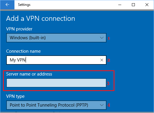 Windows 10でVPNサーバーのアドレス、VPNタイプ、VPNプロバイダを追加する