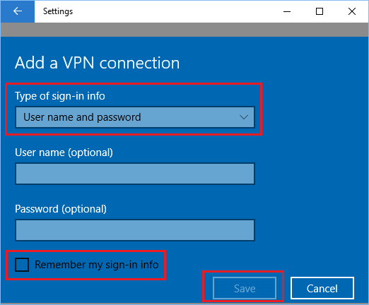 Windows 10でVPNネットワーク用のサインイン情報の種類を追加する