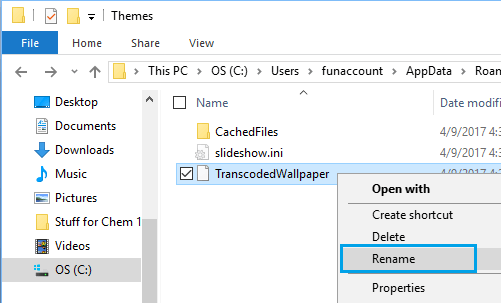 Windows 10でTranscodedWallpaperフォルダーの名前を変更する。