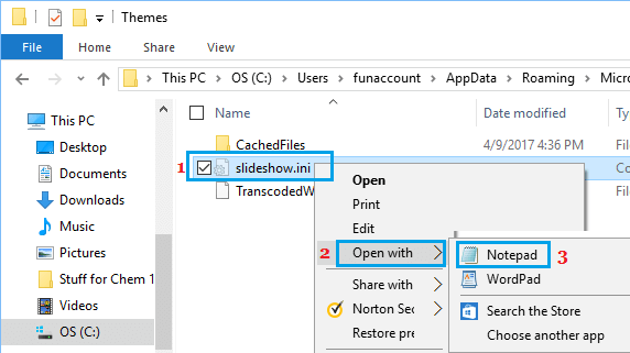 Windows 10でSlideshow.iniフォルダをメモ帳で開く。
