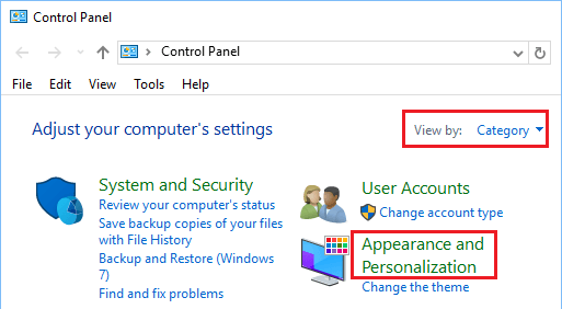 コントロールパネルの外観と個人設定オプション Windows 10