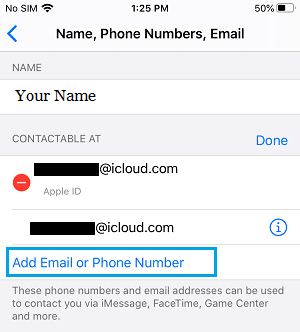 iPhoneで電子メールまたは電話番号のオプションを追加する