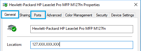 プリンタープロパティ画面の[一般]タブに表示されるプリンターIPアドレス