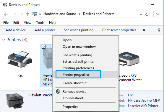 Windows 10のデバイスとプリンター画面のプリンタープロパティオプション