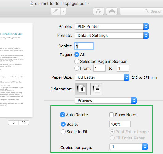 Macのプレビューモード印刷オプション