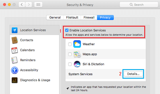 Macの「システムサービスの詳細」タブ