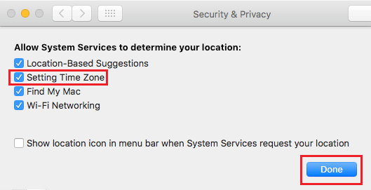 Macでシステムサービスがタイムゾーンを設定できるようにする。