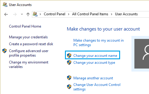 Windows 10のアカウント名の変更オプション