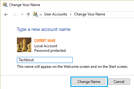 Windows 10のアカウント名変更画面