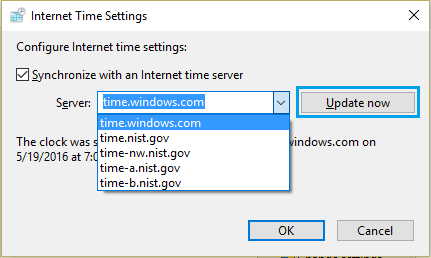 Windowsコンピュータのインターネット時刻設定画面