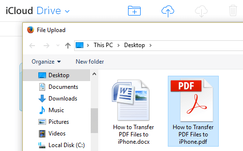 iCloud Driveにアップロードするためにコンピュータ上のPDFファイルを選択する