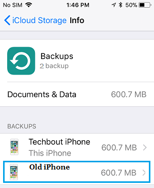 iCloud Storageの情報画面でiCloud Backupsが表示される。
